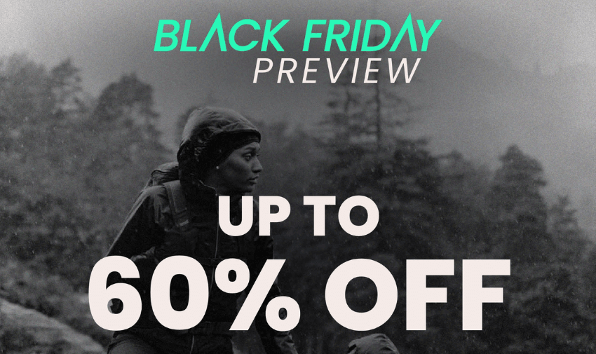 Black Friday up to 60% off with a black and white image of a person 