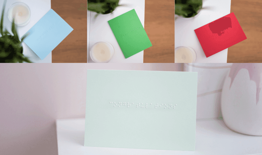 A collage of four braille cards, a pastel blue card saying get well soon, a vibrant green card saying happy birthday, a vibrant red card saying happy chinese new year and a pastel green card saying congratulations.