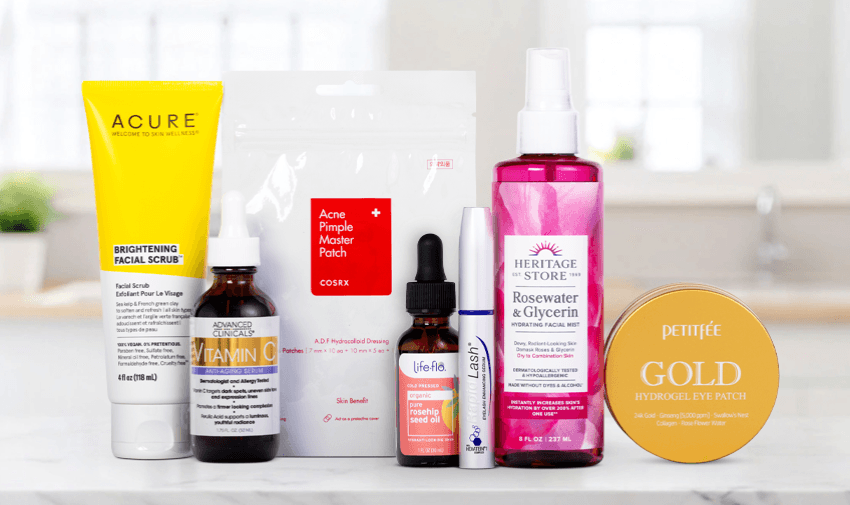 Range of affordable skincare products including facial scrubs, vitamin C serum, acne patches, rosewater spray, and eye patches. Perfect for disabled people seeking cost-effective self-care solutions. Discover beauty discounts for disabled people and save with Purpl.