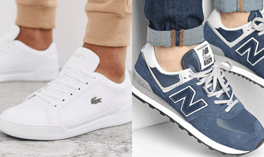 Side-by-side image of two pairs of sneakers. On the left, white Lacoste sneakers with a green crocodile logo, worn with beige pants. On the right, blue New Balance sneakers with white laces and a white "N" logo, worn with blue jeans.