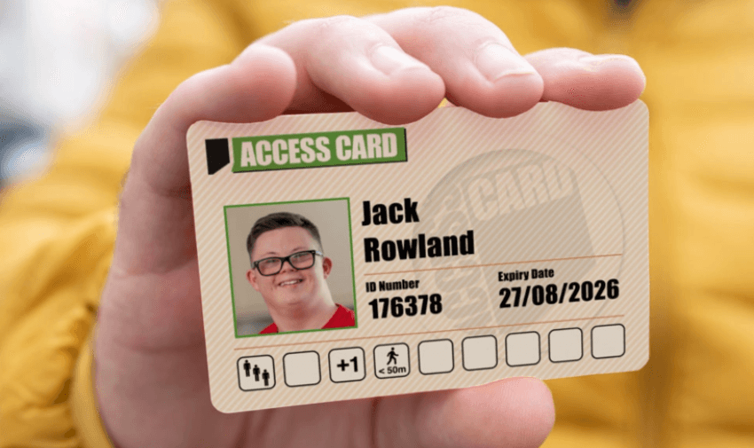 A digital representation of an access card is being held to the camera. The card features a photo, the name "Jack Rowland," ID number "271556," and expiry date "27/08/2026." The background includes icons for accessibility, medical, and utilities.