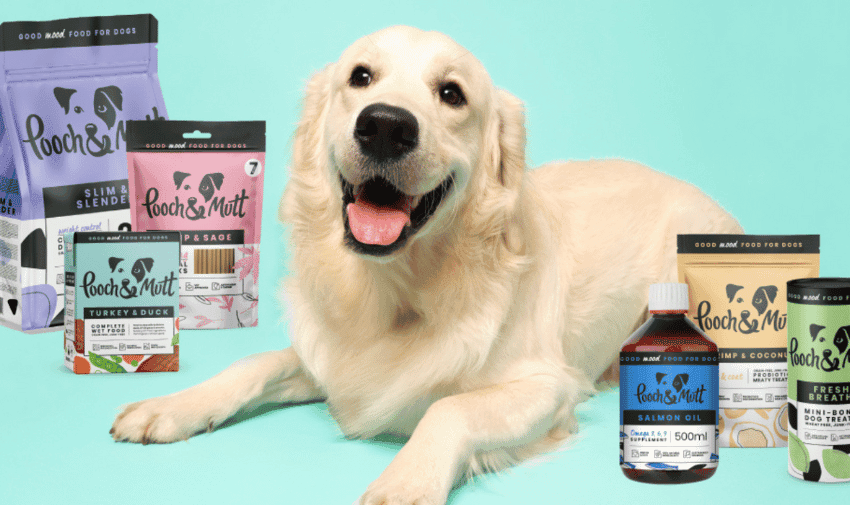 A happy Golden Retriever sits in front of a display of various Pooch & Mutt dog food and supplement products against a light blue background. The products include kibble, wet food pouches, salmon oil, and dental chews.