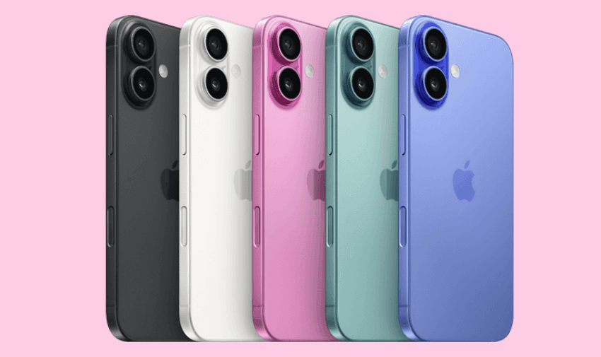 five iphone 16's side by side on a pink background