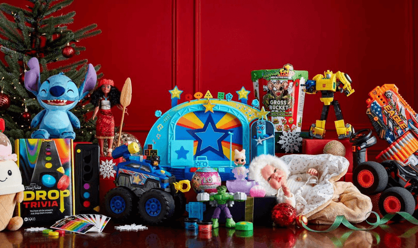 a selection of toys on a christmas background