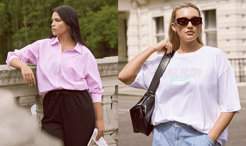 Two women stand outdoors in separate scenes. The woman on the left, wearing a pink button-up shirt and black pants, leans on a stone railing. The woman on the right, in a white "Paris France" t-shirt and sunglasses, stands in front of a white building, carrying a black bag.