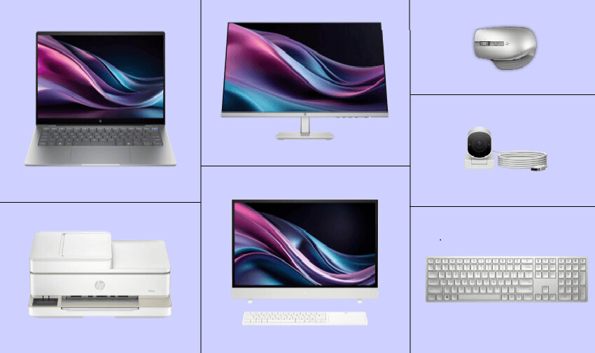 A collage of HP tech products, including a laptop, desktop monitor, printer, keyboard, mouse, and security camera, displayed on a light purple background. Highlighting Purpl's exclusive disabled discounts for innovative and reliable HP technology in the UK.