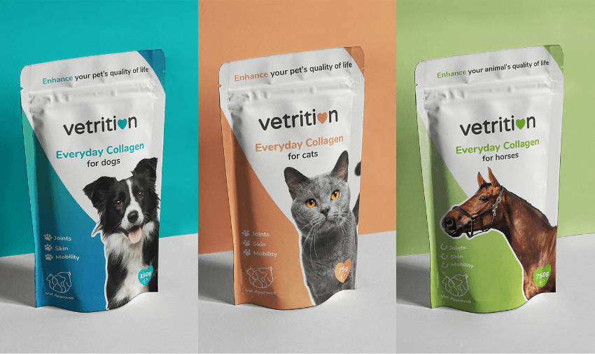 Three packs of Vetrition Everyday Collagen supplements for dogs, cats, and horses displayed against colourful backgrounds. Joint, skin, and mobility support for pets. Mobility discounts and offers for disabled people on pet supplements UK.