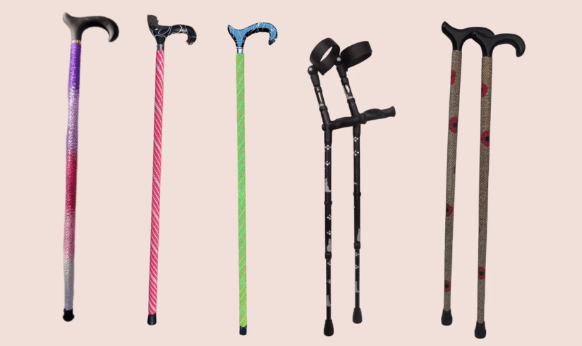 A collection of vibrant walking sticks and crutches in various colours and patterns, promoting Glamsticks' unique designs. Showcasing Purpl's disabled discounts for personalised mobility aids, combining function with fashion in the UK.