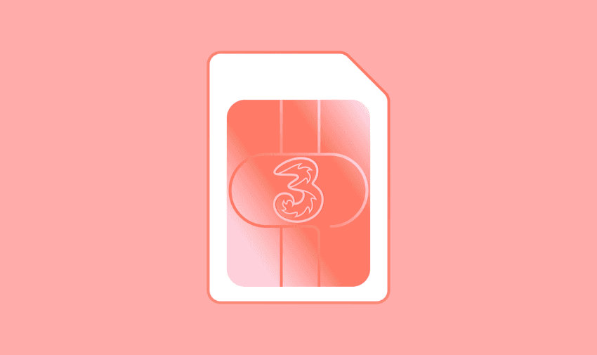 A bright pink illustration of a SIM card featuring the Three logo in the centre.