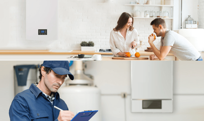 Top half of the image shows a man and woman in a kitchen, preparing fruit near a wall-mounted appliance. The bottom half features a worker in a cap, writing on a clipboard, with another appliance in the background.