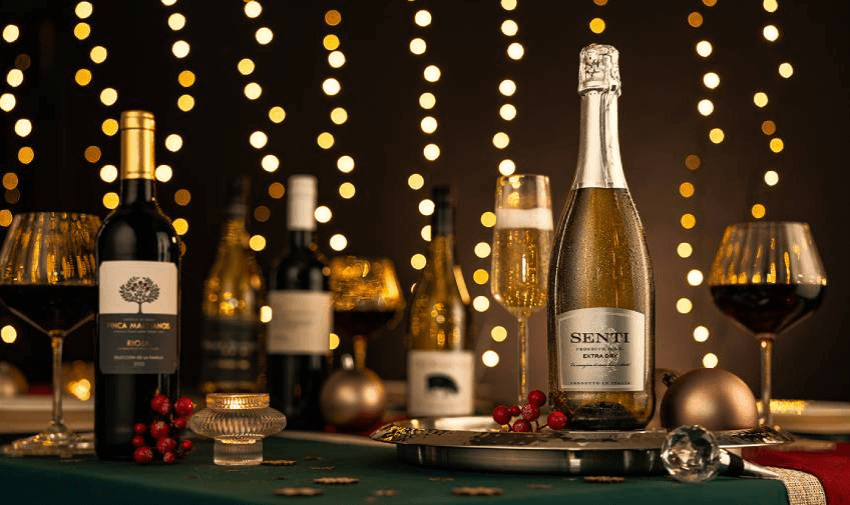 an elegant table setting featuring sparkling and red wines, highlighted by a warm, festive glow and Christmas décor. ideal for celebrations or gifting. Keywords: festive drinks discounts, disabled holiday offers, wine gift ideas.