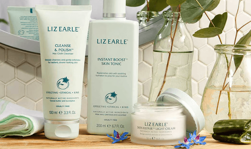 Liz Earle skincare products, including cleanser, skin tonic, and repair cream, displayed with natural botanical elements. Purpl disabled discounts offer savings on skincare and beauty essentials at Boots UK