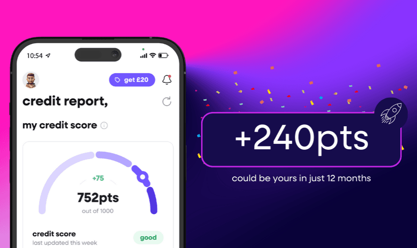 A smartphone screen displays a credit report app showing a credit score of 752 points with an increase of 75 points. A side banner with confetti reads "+240 pts could be yours in just 12 months" on a purple gradient background.