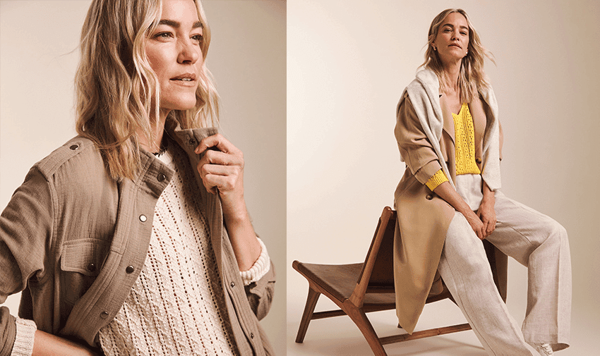 A woman with shoulder-length blonde hair is modeling two different outfits. On the left, she wears a beige jacket over a white knitted top. On the right, she sits on a wooden chair, wearing a beige trench coat over a yellow top and white pants.