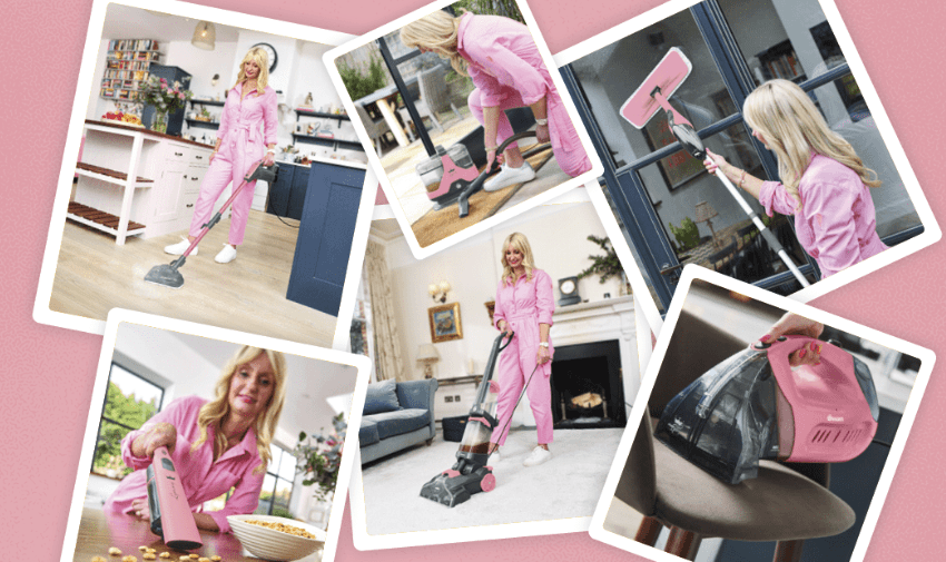 A collage of six images shows a woman in a pink jumpsuit using various household cleaning tools in different rooms. She uses a vacuum cleaner, steam mop, handheld vacuum, and other cleaning devices, conveying a theme of home cleaning and tidying.