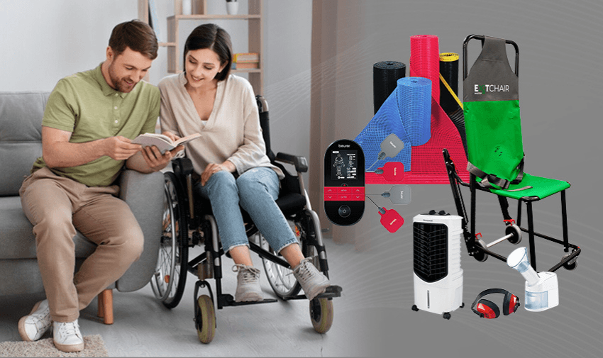 A woman in a wheelchair and a man beside her sit together on a couch, smiling and looking at a book. Various assistive devices are displayed on the left, including a portable chair, colorful exercise bands, a portable air conditioner, and electronic devices.