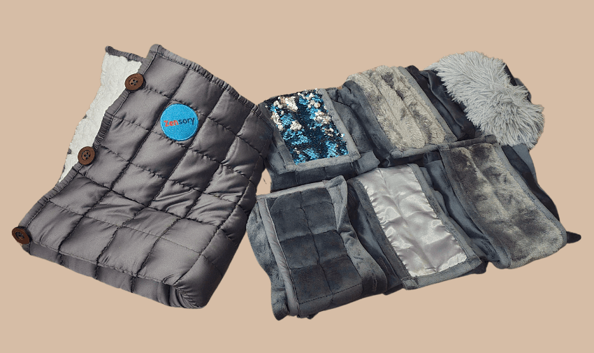 Zensory weighted blanket and sensory pads in various textures, designed for comfort and calm.