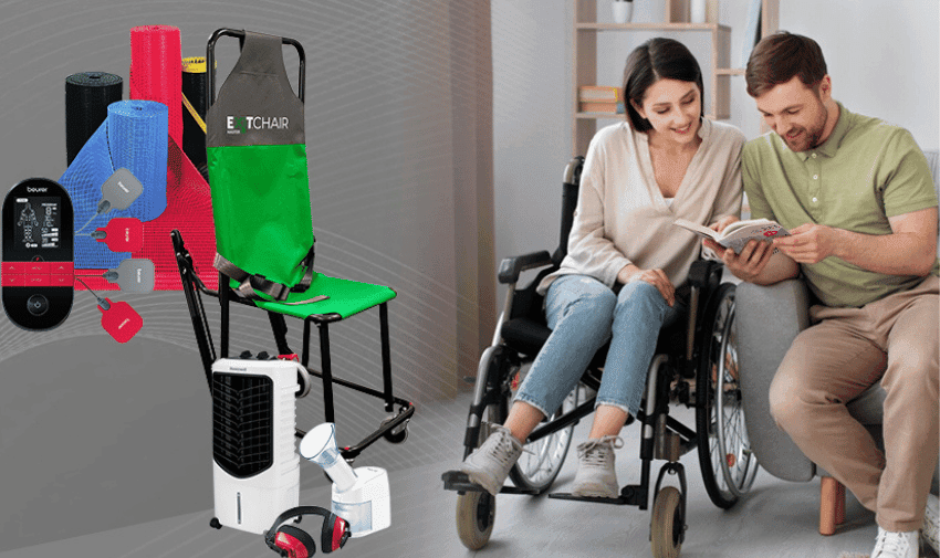 A woman in a wheelchair and a man beside her sit together on a couch, smiling and looking at a book. Various assistive devices are displayed on the left, including a portable chair, colorful exercise bands, a portable air conditioner, and electronic devices.