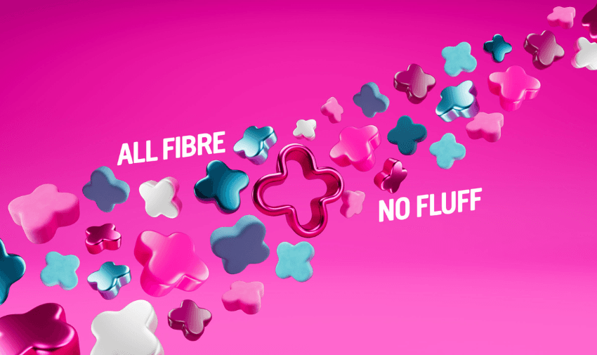 Colourful Plusnet cross-shaped icons in shades of pink, blue, and white scattered diagonally across a vibrant pink background with the text "All Fibre, No Fluff."