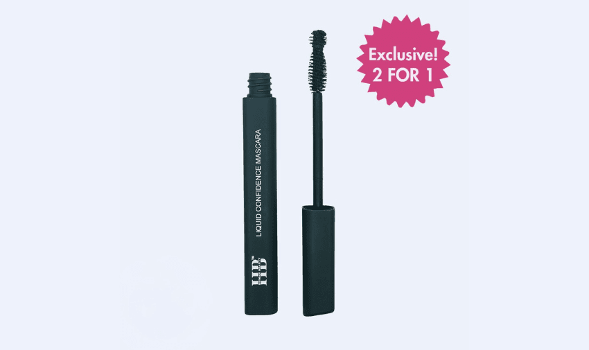 A Human Beauty liquid mascara tube with a special 2-for-1 exclusive offer highlighted, capturing a premium and accessible makeup deal.