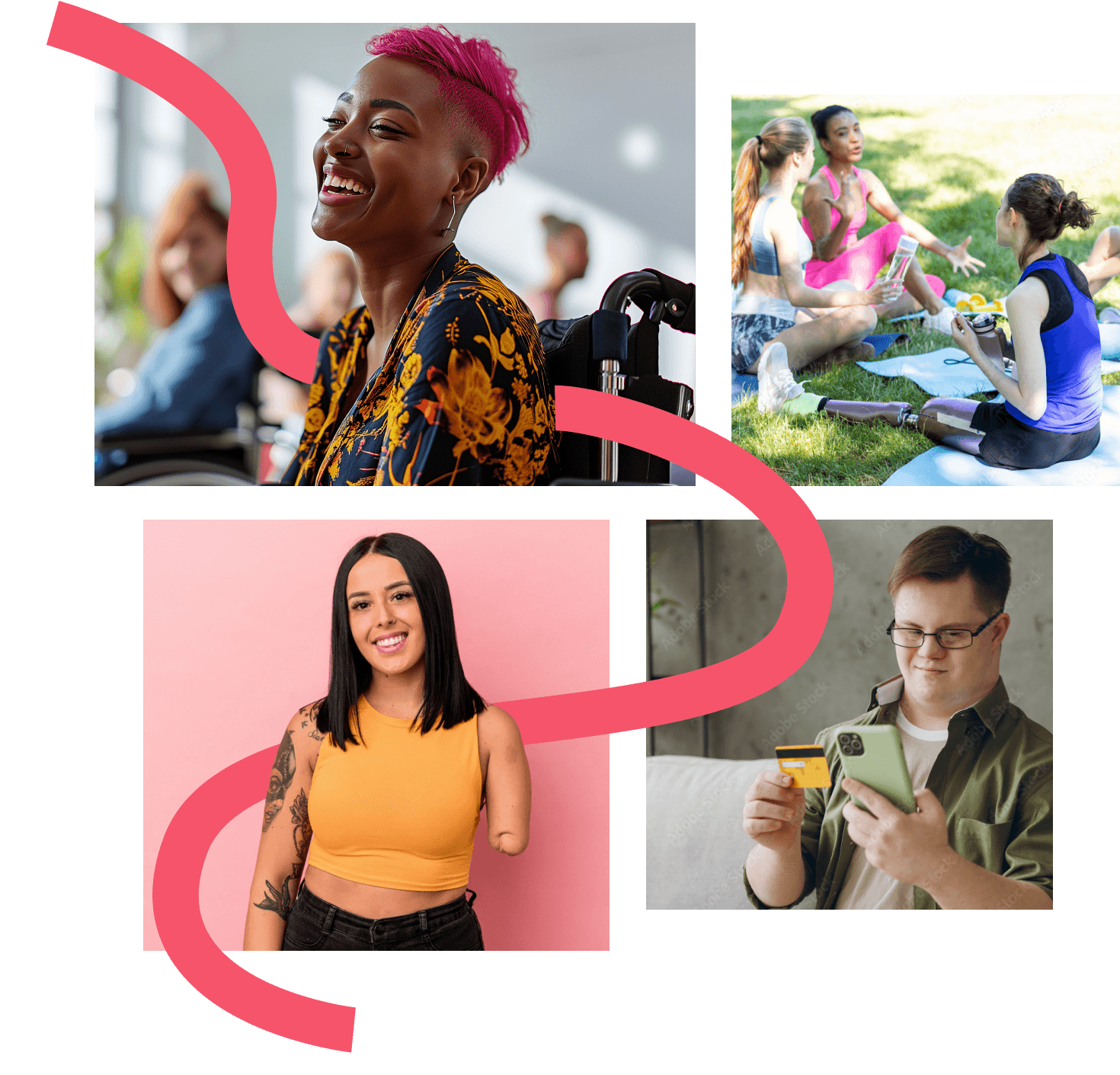 Diverse collage of images: wheelchair user, amputee, Down's syndrome man, lady with artificial leg