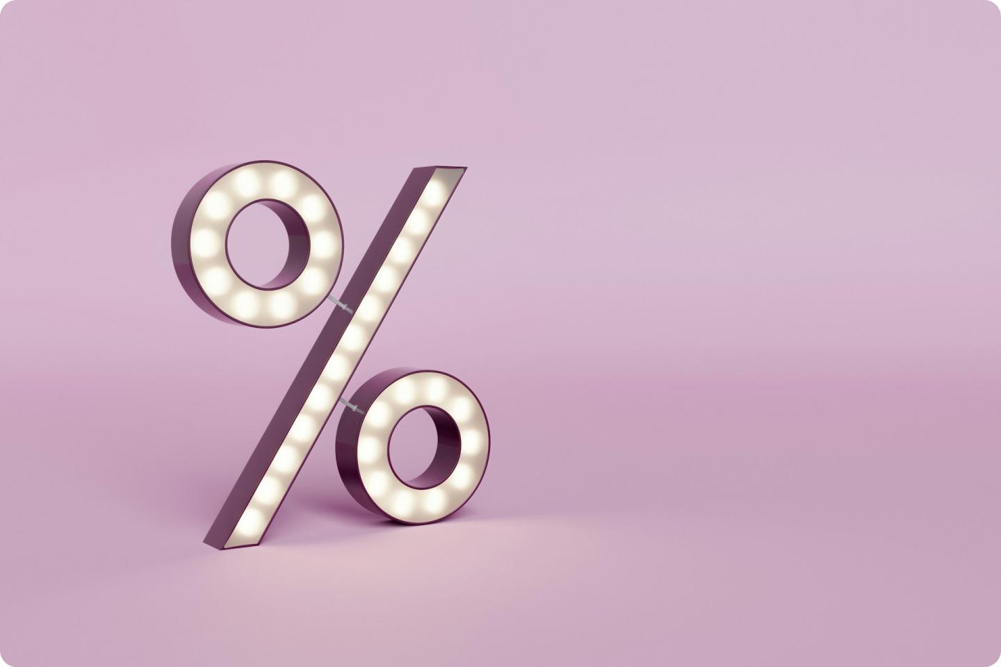 lilac background with a percentage sign