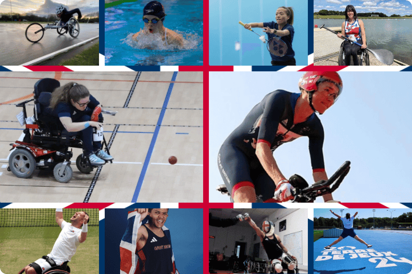 A collage of ten images showcasing athletes with disabilities participating in various sports, including wheelchair tennis, cycling, swimming, running, and powerlifting. The athletes display determination and joy as they compete and celebrate their achievements. Credit: Instagram / Aquatics GB