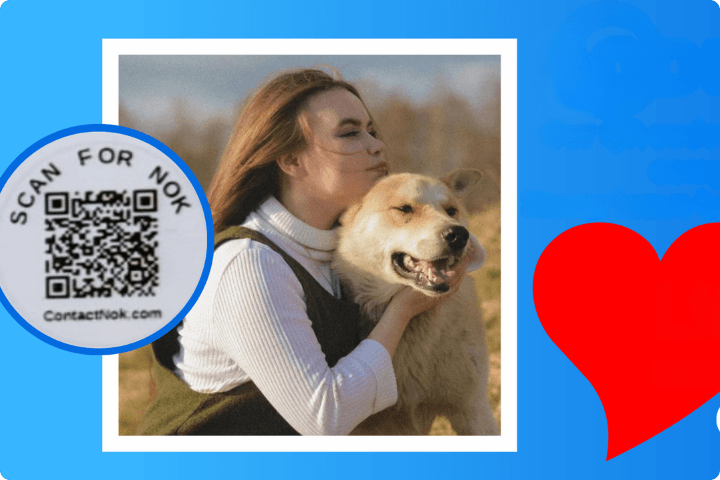 A woman with long hair kisses her smiling dog on a blue background with a large red heart. Next to her is a rounded square QR code with the text "SCAN FOR NOK" and "ContactNok.com" beneath it. The background fades from light to dark blue.