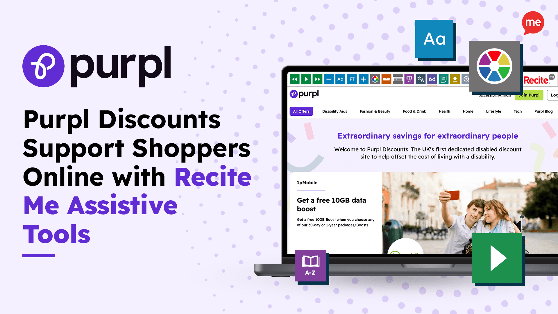 Pale purple background and image of a computer screen showing the purpl website, text reads Purpl discounts support shoppers online with recite me assistive tools