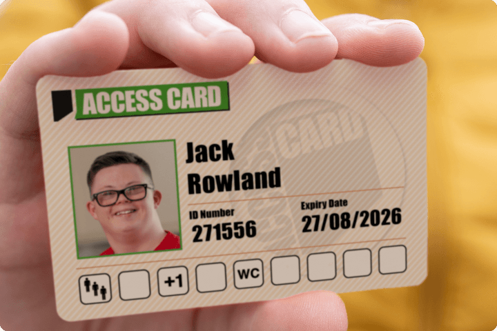 A digital representation of an access card is displayed on a green background with various icons. The card features a photo, the name "Jack Rowland," ID number "271556," and expiry date "27/08/2026." The background includes icons for accessibility, medical, and utilities.