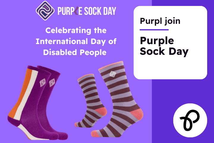 Image showcasing colourful socks for Purple Sock Day, promoting awareness for the International Day of Disabled People.