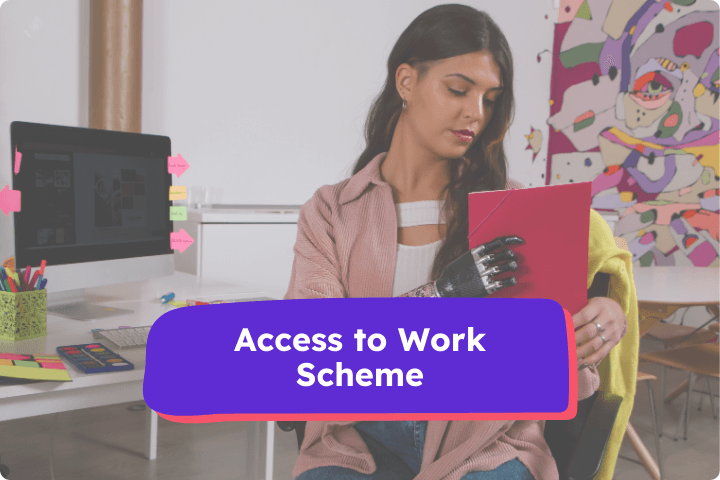 Young woman with a prosthetic arm working in a creative office space, holding a red folder, with a text overlay reading 'Access to Work Scheme Guide'