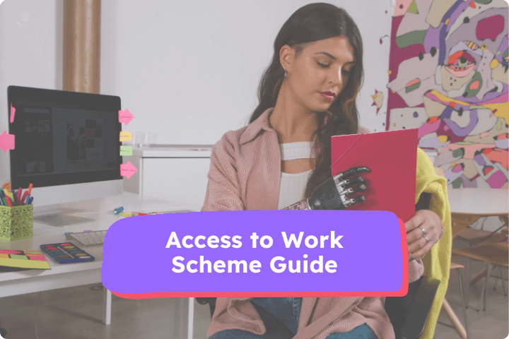 Young woman with a prosthetic arm working in a creative office space, holding a red folder, with a text overlay reading 'Access to Work Scheme Guide'