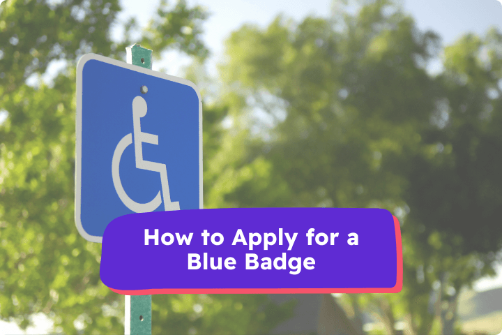 A blue road sign featuring a wheelchair symbol against a backdrop of green trees with the text 'How to Apply for a Blue Badge.' Showcasing Purpl’s support for mobility accessibility and exclusive disabled travel discounts in the UK.