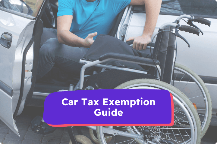 Person transferring from a wheelchair into a car, with a text overlay reading 'Car Tax Exemption Guide'