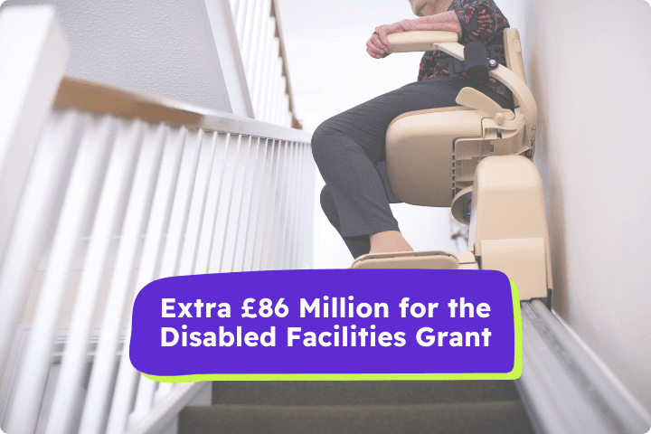 Image taken looking up the stairs towards a stair lift with a person sat in it, text reads extra £86 million for disabled facilities grants