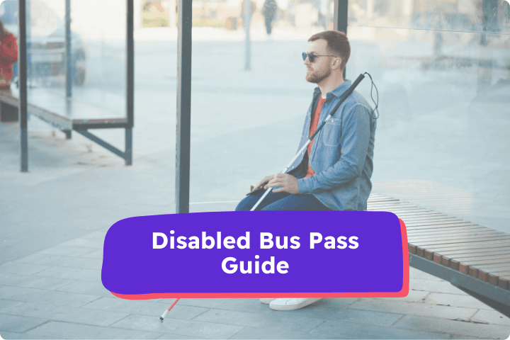 Visually impaired man with a white cane seated at a bus stop, with a text overlay reading 'Disabled Bus Pass Guide'