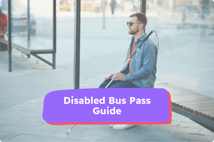 Visually impaired man with a white cane seated at a bus stop, with a text overlay reading 'Disabled Bus Pass Guide'