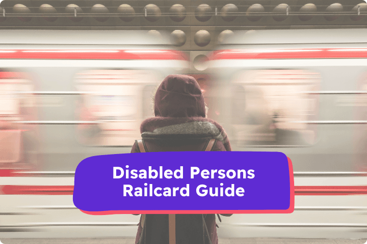 Individual in a red hoodie waiting on a platform with a train speeding by. Overlay text reads: Disabled Persons Railcard Guide.