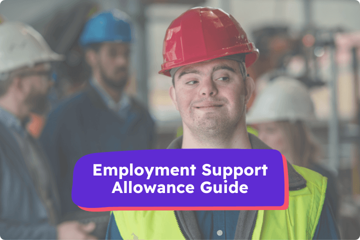 Man with Down syndrome wearing a red hard hat and high-visibility vest, standing in a workplace environment. Overlay text reads: Employment Support Allowance Guide.