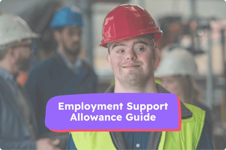 Man with Down syndrome wearing a red hard hat and high-visibility vest, standing in a workplace environment. Overlay text reads: Employment Support Allowance Guide.