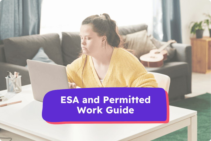 Young woman with Down syndrome working on a laptop at a desk in a cosy living room. Overlay text reads: ESA and Permitted Work Guide.