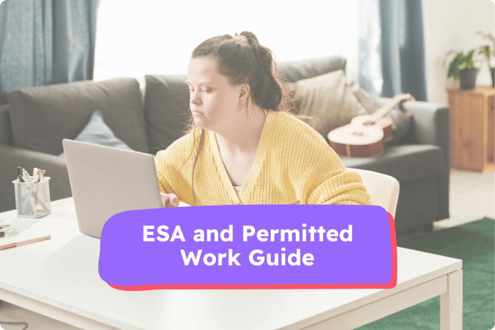 Young woman with Down syndrome working on a laptop at a desk in a cosy living room. Overlay text reads: ESA and Permitted Work Guide.