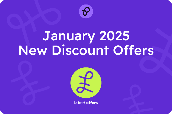 Purple background with white text reading January 2025 new discount offers and a pound symbol