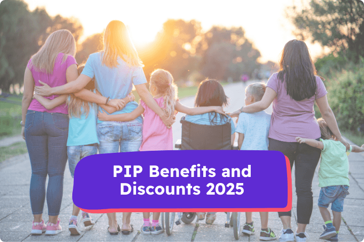 Group of women and children, including one child in a wheelchair, walking together outdoors at sunset, with the text 'PIP Benefits and Discounts 2025' displayed in a bold, accessible design.