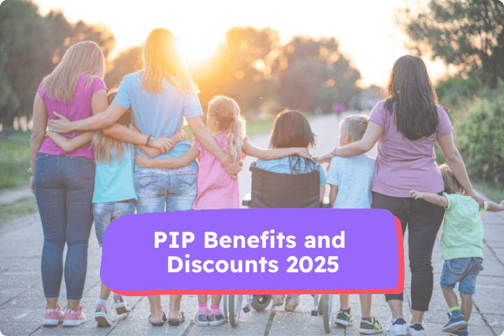 Group of women and children, including one child in a wheelchair, walking together outdoors at sunset, with the text 'PIP Benefits and Discounts 2025' displayed in a bold, accessible design.