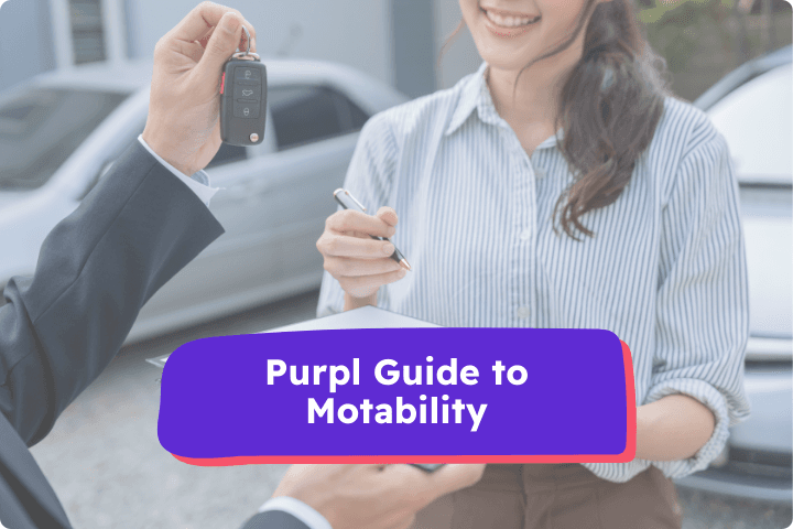 A woman being haded a car key, text on purple banner reads Purpl Guide to Motability