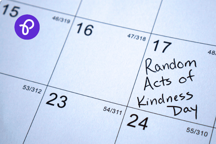 A calendar with 17 February marked with the words Random acts of kindness day and the Purpl Discounts logo