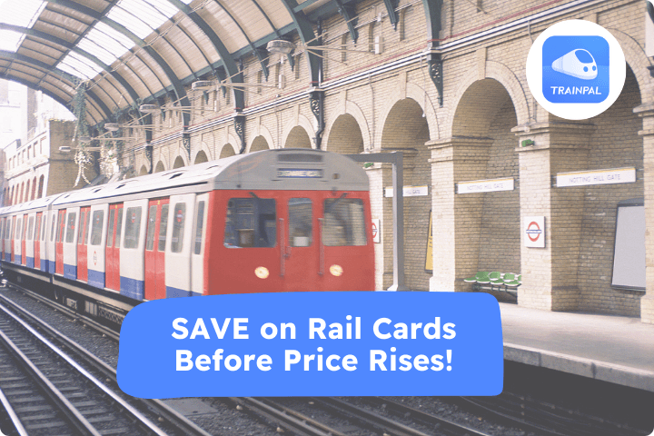 A train with a promotional banner for TrainPal, encouraging savings on rail cards before price increases. Disabled travel discounts UK, cheap train tickets for disabled passengers, accessible rail travel.