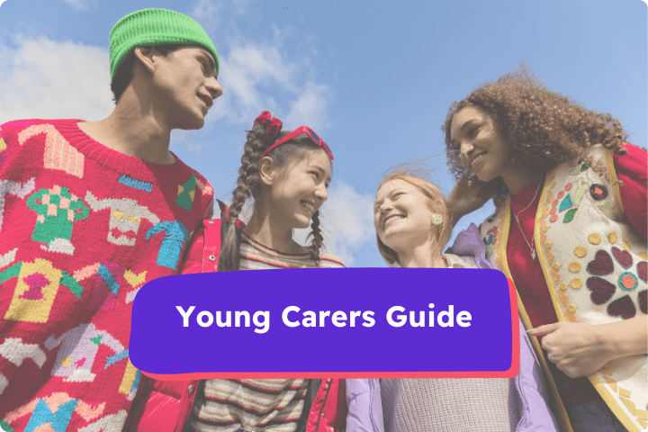 a group of 4 young people stood outdoors, teenagers, one male and three female and text that reads Young carers guide